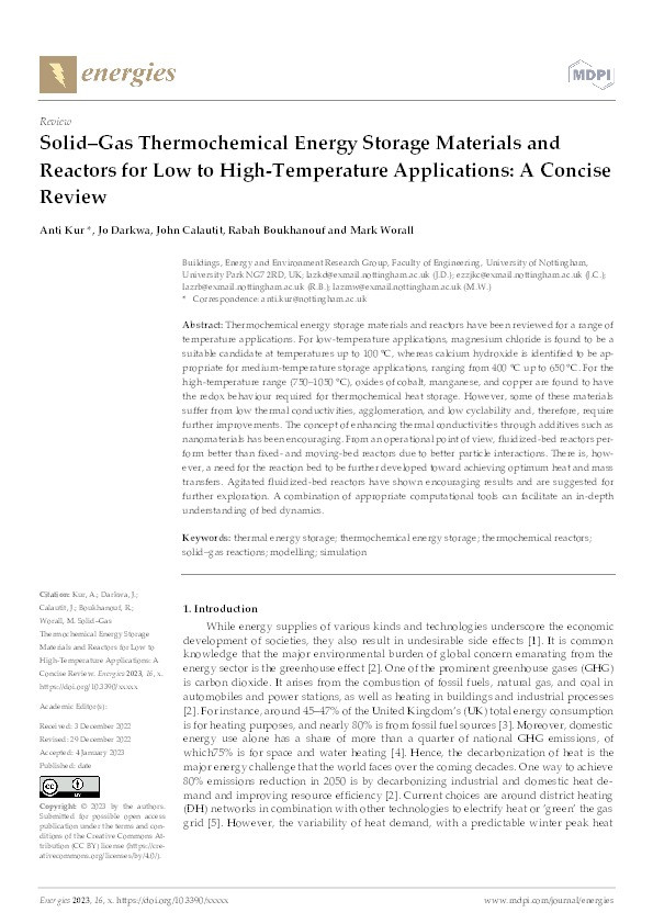 Solid–Gas Thermochemical Energy Storage Materials and Reactors for Low to High-Temperature Applications: A Concise Review Thumbnail
