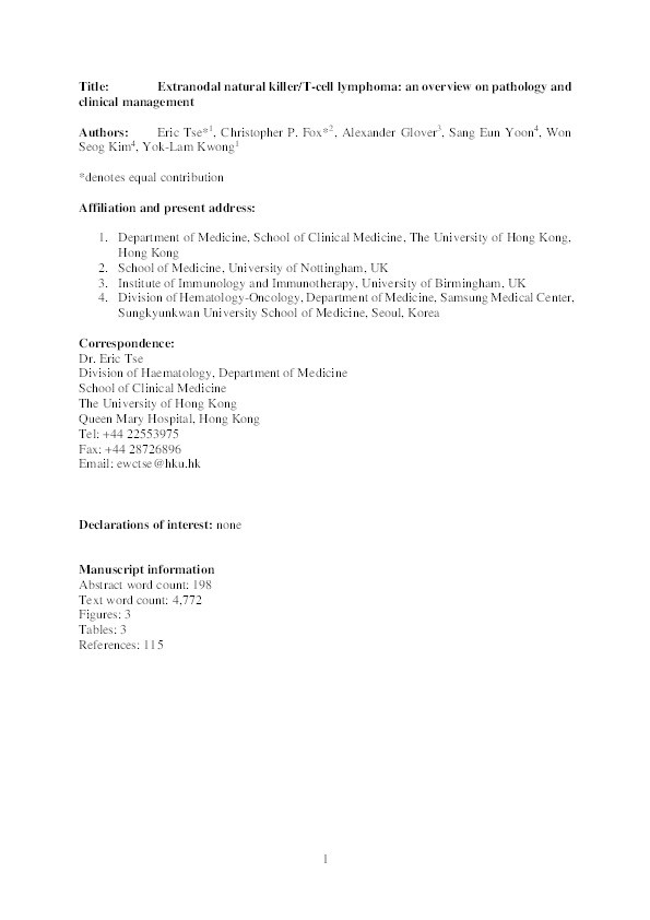 Extranodal natural killer/T-cell lymphoma: An overview on pathology and clinical management Thumbnail