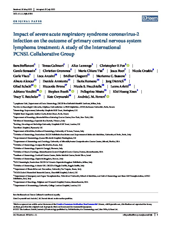 Impact of severe acute respiratory syndrome coronavirus-2 infection on the outcome of primary central nervous system lymphoma treatment: A study of the International PCNSL Collaborative Group Thumbnail