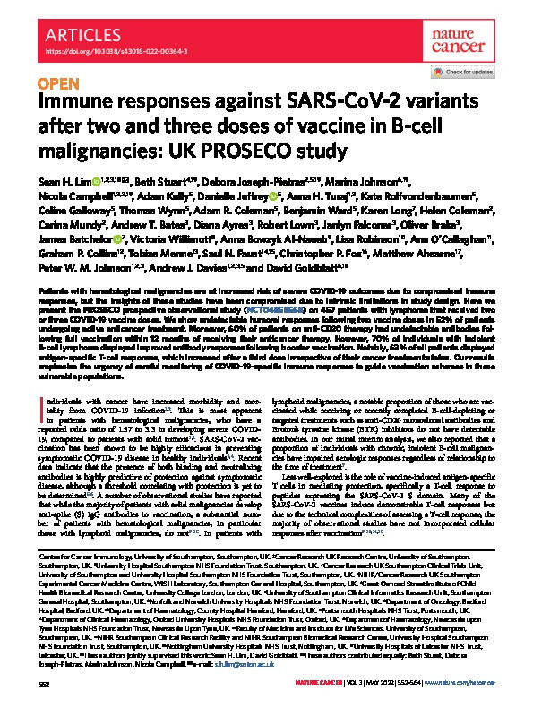 Immune responses against SARS-CoV-2 variants after two and three doses of vaccine in B-cell malignancies: UK PROSECO study Thumbnail