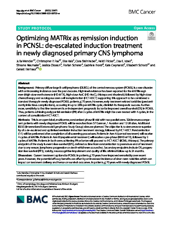 Optimizing MATRix as remission induction in PCNSL: de-escalated induction treatment in newly diagnosed primary CNS lymphoma Thumbnail