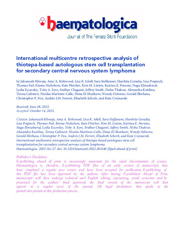 International multicenter retrospective analysis of thiotepa-based autologous stem cell transplantation for secondary central nervous system lymphoma Thumbnail