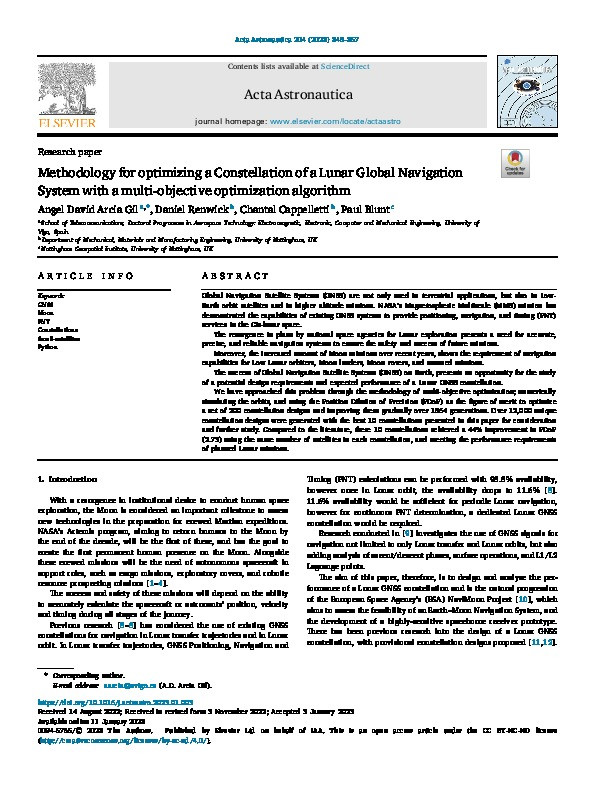 Methodology for optimizing a Constellation of a Lunar Global Navigation System with a multi-objective optimization algorithm Thumbnail