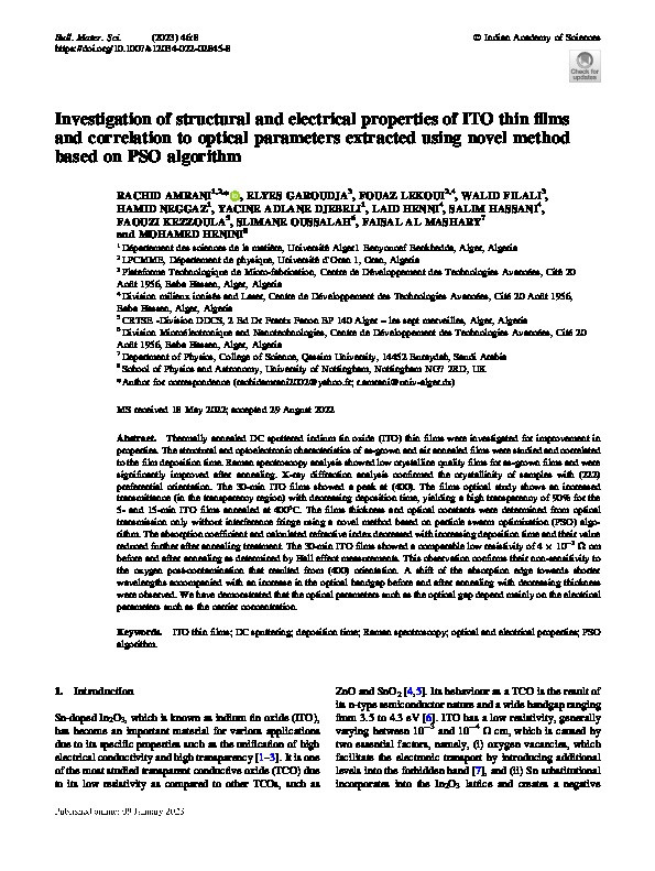 Investigation of structural and electrical properties of ITO thin films and correlation to optical parameters extracted using novel method based on PSO algorithm Thumbnail