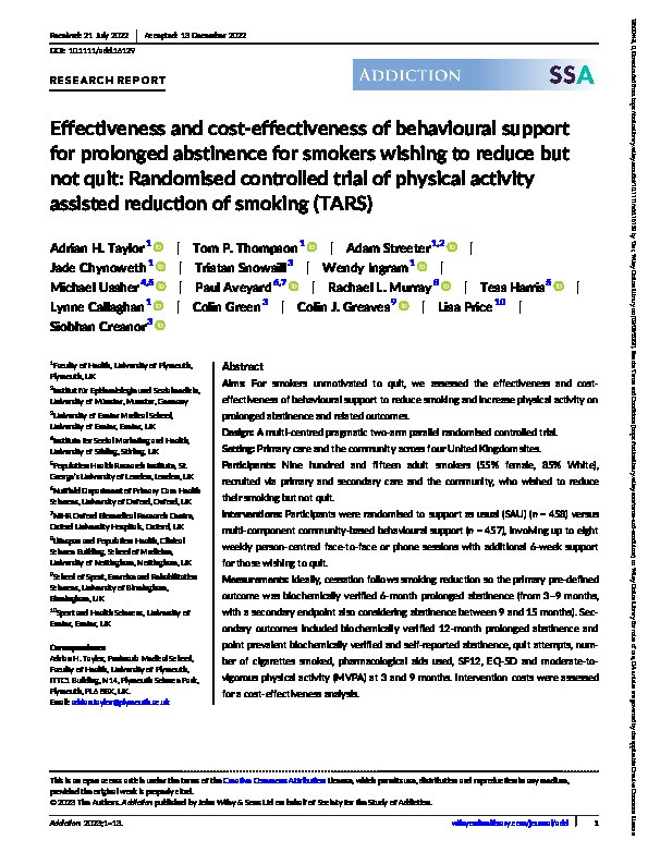 Effectiveness and cost‐effectiveness of behavioural support for prolonged abstinence for smokers wishing to reduce but not quit: Randomised controlled trial of physical activity assisted reduction of smoking (TARS) Thumbnail