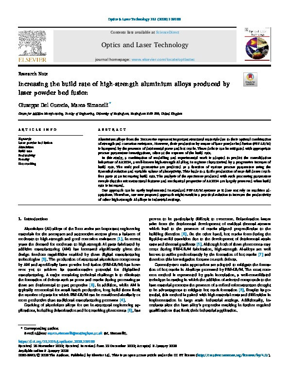 Increasing the build rate of high-strength aluminium alloys produced by laser powder bed fusion Thumbnail