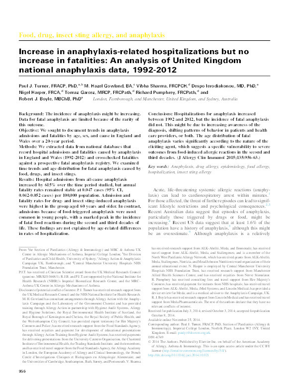 Increase in anaphylaxis-related hospitalizations but no increase in fatalities: An analysis of United Kingdom national anaphylaxis data, 1992-2012 Thumbnail