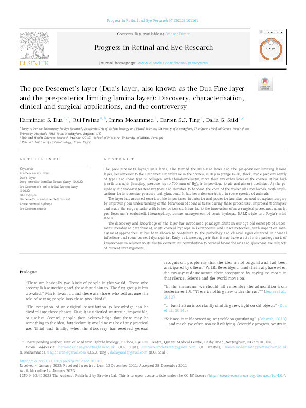 The pre-Descemet's layer (Dua's layer, also known as the Dua-Fine layer and the pre-posterior limiting lamina layer): Discovery, characterisation, clinical and surgical applications, and the controversy Thumbnail