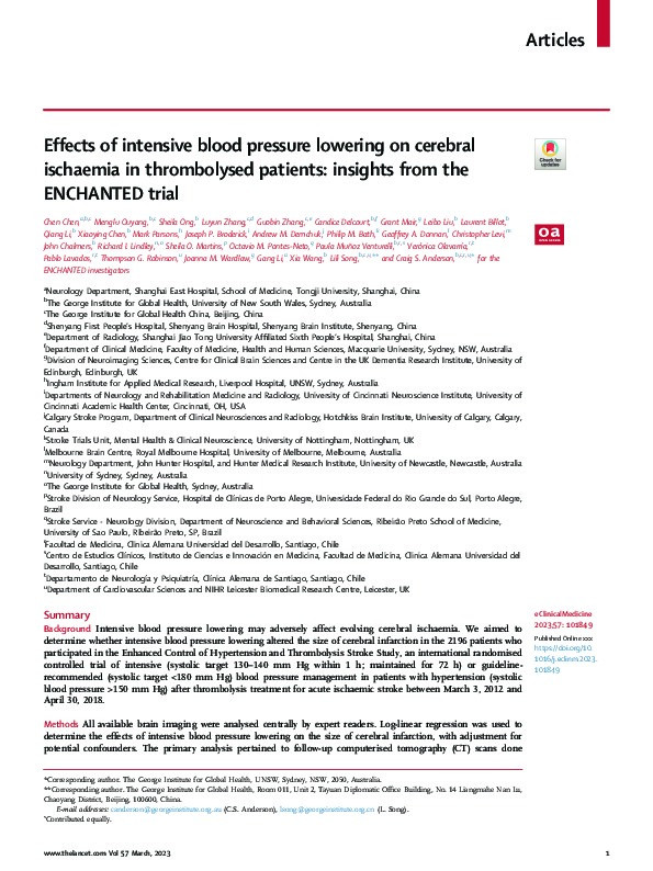Effects of intensive blood pressure lowering on cerebral ischaemia in thrombolysed patients: insights from the ENCHANTED trial Thumbnail