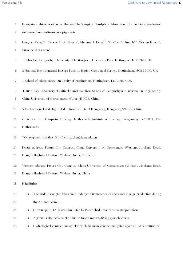 Ecosystem deterioration in the middle Yangtze floodplain lakes over the last two centuries: Evidence from sedimentary pigments Thumbnail