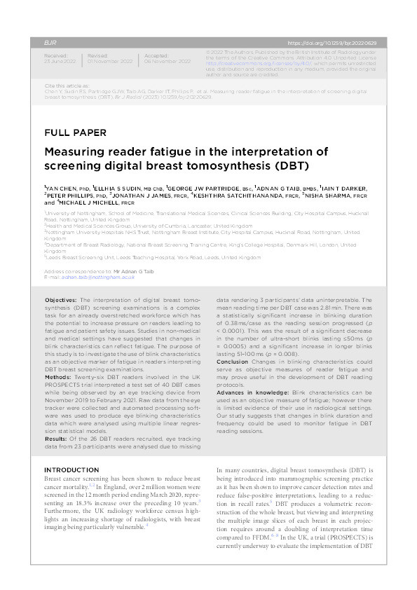 Measuring reader fatigue in the interpretation of screening digital breast tomosynthesis (DBT) Thumbnail