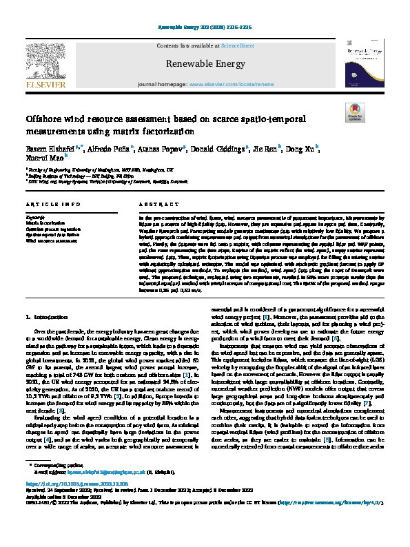 Offshore wind resource assessment based on scarce spatio-temporal measurements using matrix factorization Thumbnail