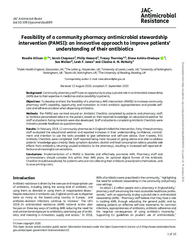 Feasibility of a community pharmacy antimicrobial stewardship intervention (PAMSI): An innovative approach to improve patients' understanding of their antibiotics Thumbnail