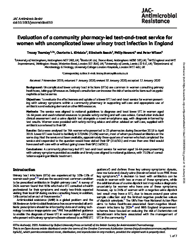 Evaluation of a community pharmacy-led test-and-treat service for women with uncomplicated lower urinary tract infection in England Thumbnail