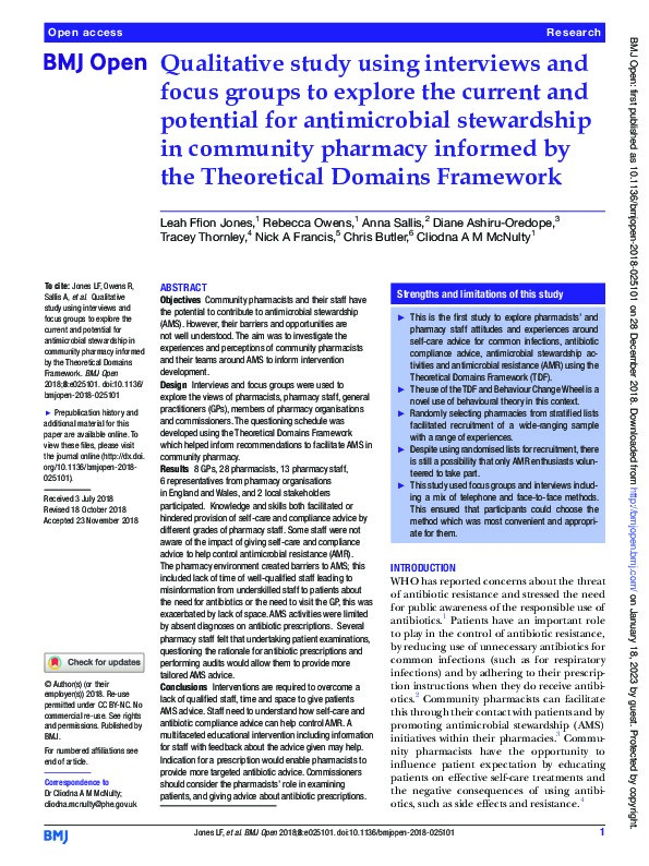 Qualitative study using interviews and focus groups to explore the current and potential for antimicrobial stewardship in community pharmacy informed by the Theoretical Domains Framework Thumbnail