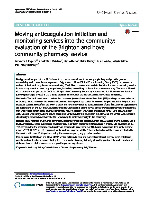 Moving anticoagulation initiation and monitoring services into the community: Evaluation of the Brighton and hove community pharmacy service Thumbnail