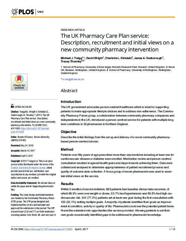 The UK Pharmacy Care Plan service: Description, recruitment and initial views on a new community pharmacy intervention Thumbnail
