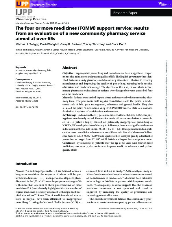 The four or more medicines (FOMM) support service: results from an evaluation of a new community pharmacy service aimed at over-65s Thumbnail