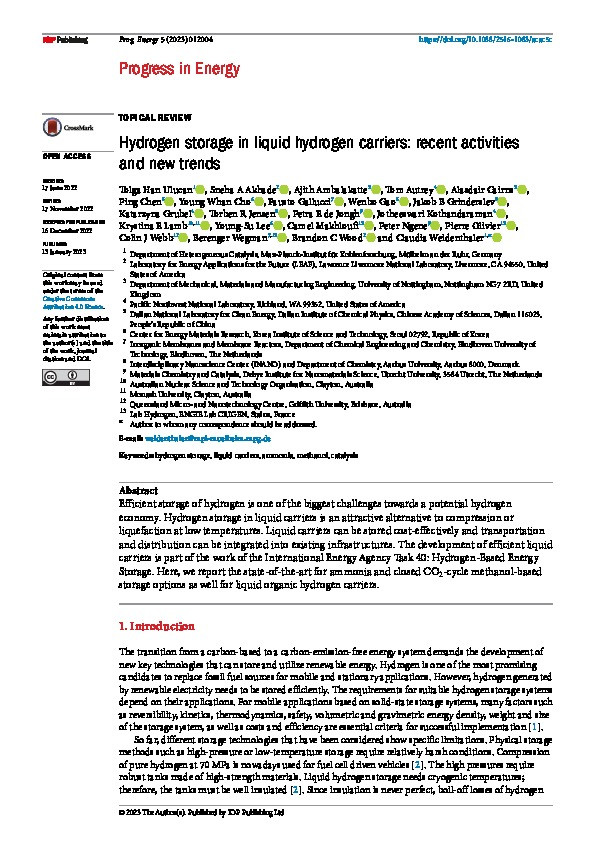 Hydrogen storage in liquid hydrogen carriers: recent activities and new trends Thumbnail