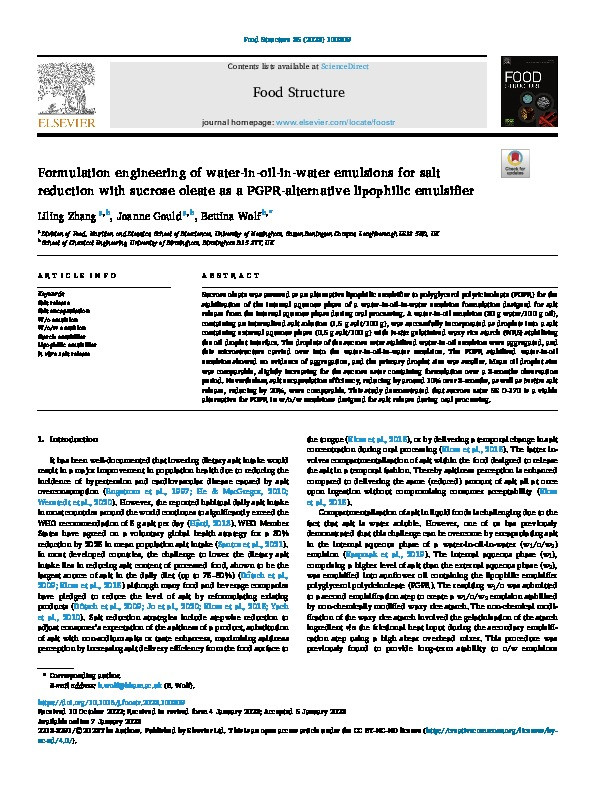 Formulation engineering of water-in-oil-in-water emulsions for salt reduction with sucrose oleate as a PGPR-alternative lipophilic emulsifier Thumbnail