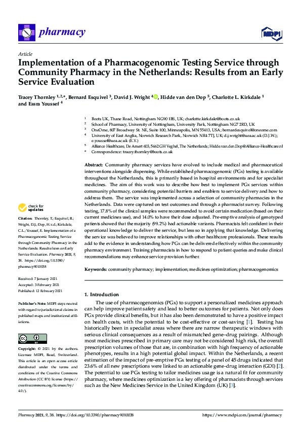Implementation of a Pharmacogenomic Testing Service through Community Pharmacy in the Netherlands: Results from an Early Service Evaluation Thumbnail