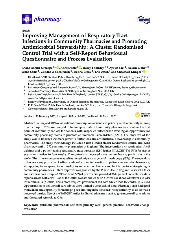 Improving Management of Respiratory Tract Infections in Community Pharmacies and Promoting Antimicrobial Stewardship: A Cluster Randomised Control Trial with a Self-Report Behavioural Questionnaire and Process Evaluation Thumbnail
