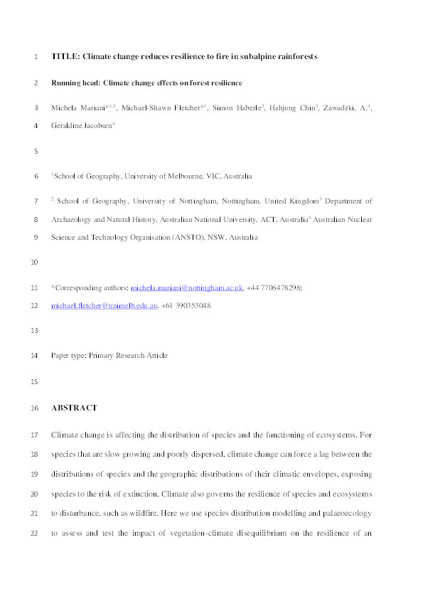 Climate change reduces resilience to fire in subalpine rainforests Thumbnail