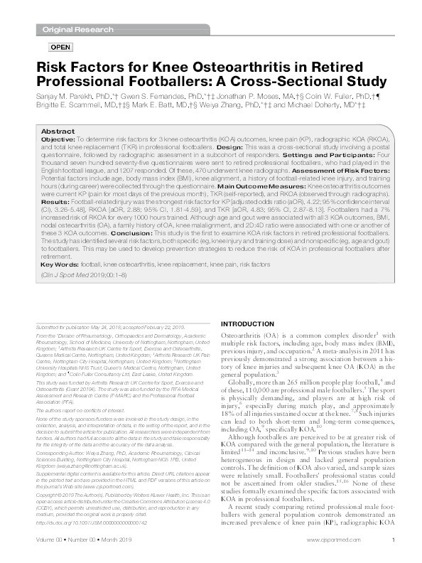 Risk Factors for Knee Osteoarthritis in Retired Professional Footballers: A Cross-Sectional Study Thumbnail