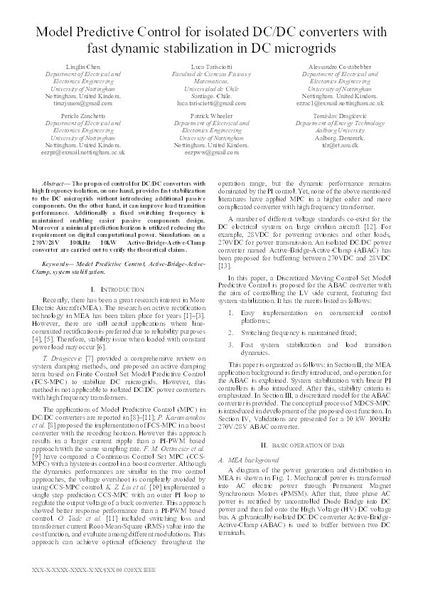 Model predictive control for isolated DC/DC converters with fast dynamic stabilization in DC microgrids Thumbnail