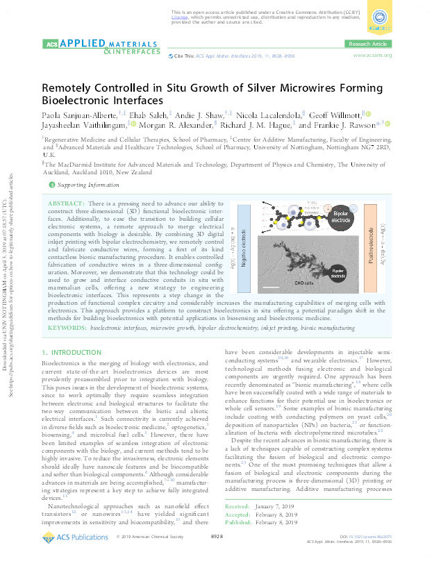 Remotely controlled in situ growth of silver microwires forming bioelectronic interfaces Thumbnail