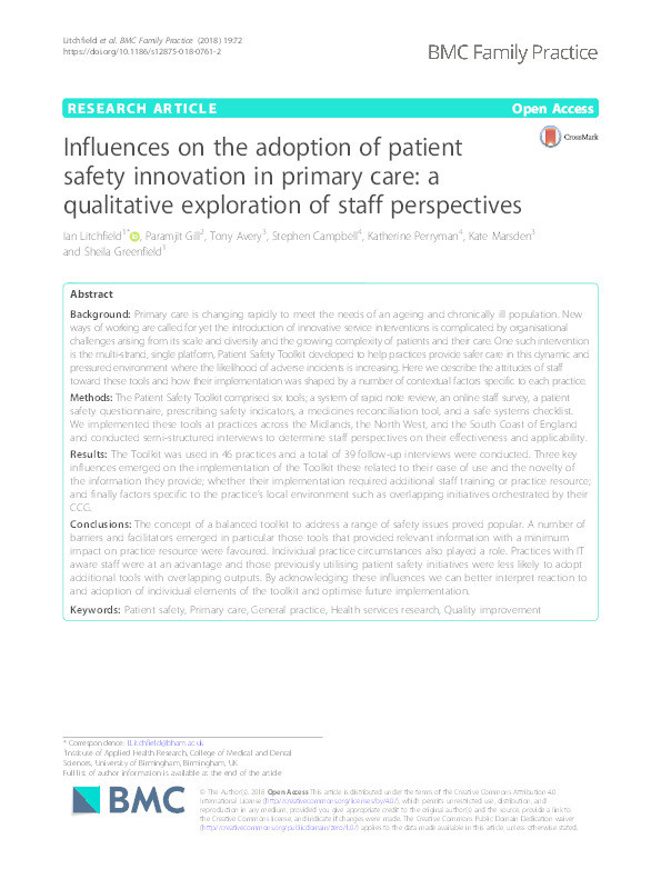 Influences on the adoption of patient safety innovation in primary care: a qualitative exploration of staff perspectives Thumbnail