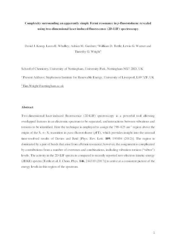 Complexity surrounding an apparently simple Fermi resonance in p-fluorotoluene revealed using two-dimensional laser-induced fluorescence (2D-LIF) spectroscopy Thumbnail