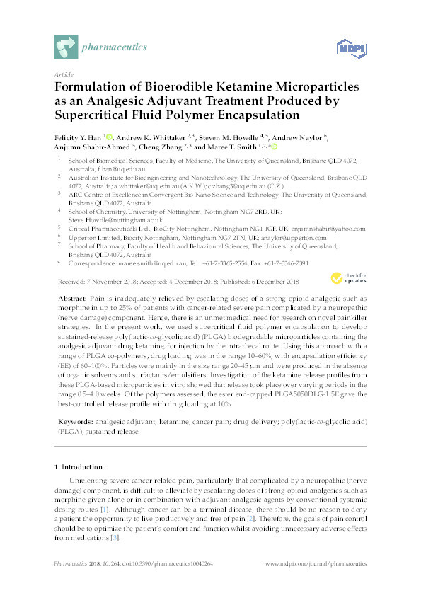 Formulation of Bioerodible Ketamine Microparticles as an Analgesic Adjuvant Treatment Produced by Supercritical Fluid Polymer Encapsulation Thumbnail