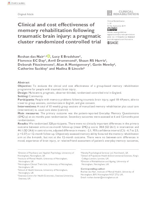 Clinical and cost effectiveness of memory rehabilitation following traumatic brain injury: a pragmatic cluster randomized controlled trial Thumbnail