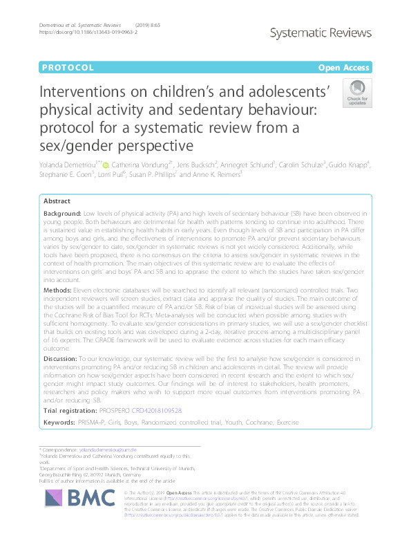 Interventions on children’s and adolescents’ physical activity and sedentary behaviour: protocol for a systematic review from a sex/gender perspective Thumbnail
