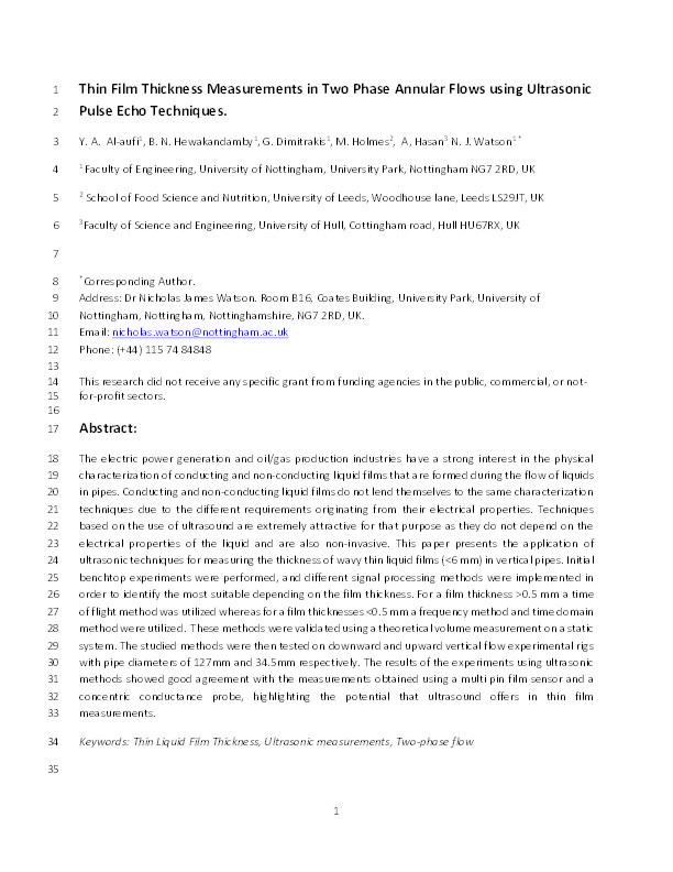 Thin film thickness measurements in two phase annular flows using ultrasonic pulse echo techniques Thumbnail