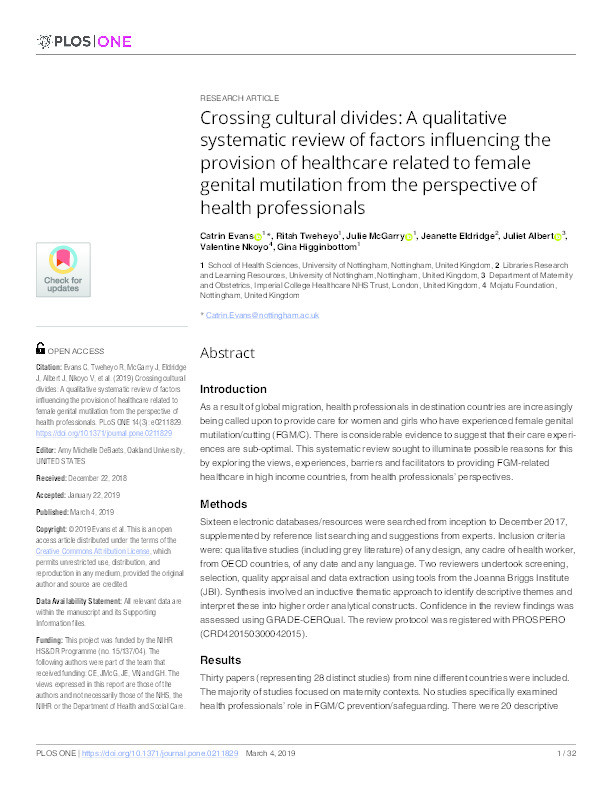 Crossing cultural divides: a qualitative systematic review of factors influencing the provision of healthcare related to female genital mutilation from the perspective of health professionals Thumbnail