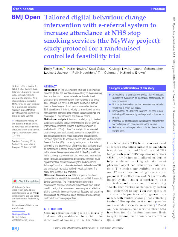 A tailored digital behaviour change intervention with e-referral system to increase attendance at NHS Stop Smoking Services (The MyWay Project): study protocol for a randomised controlled feasibility trial Thumbnail