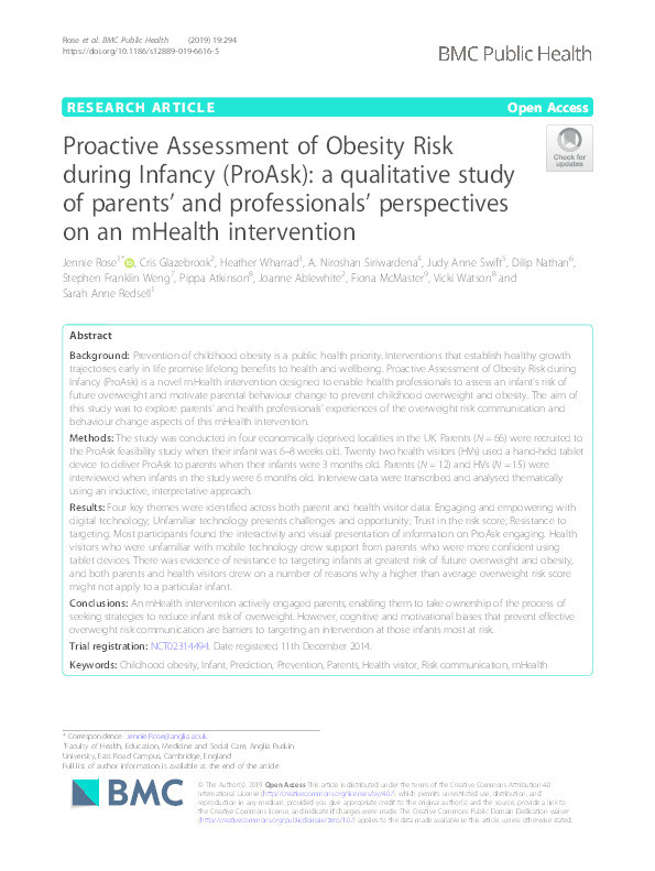 Proactive assessment of obesity risk during infancy (ProAsk): a qualitative study of parents’ and professionals’ perspectives on an mHealth intervention. Thumbnail