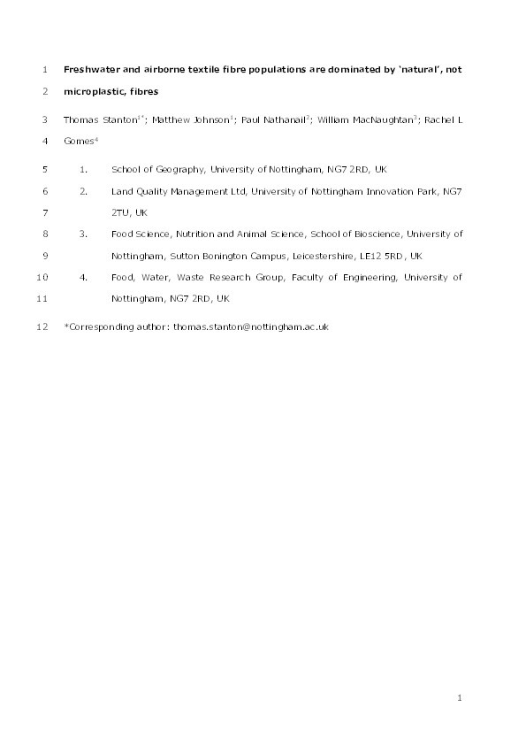 Freshwater and airborne textile fibre populations are dominated by ‘natural’, not microplastic, fibres Thumbnail