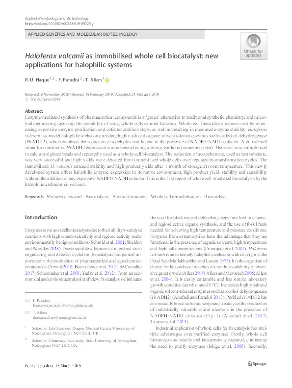 Halofrax volcanii as immobilised whole cell biocatalyst: new applications for halophilic systems Thumbnail