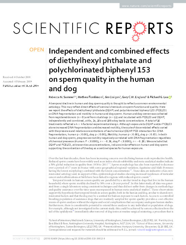 Independent and combined effects of diethylhexyl phthalate and polychlorinated biphenyl 153 on sperm quality in the human and dog Thumbnail