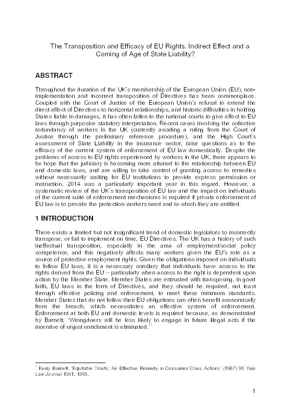 The transposition and efficacy of EU rights: indirect effect and a coming of age of state liability? Thumbnail