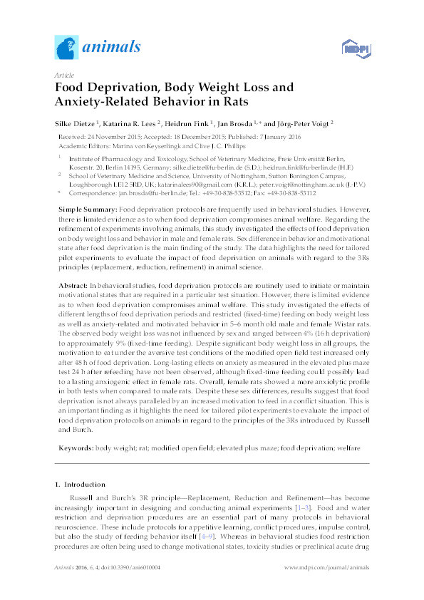 Food deprivation, body weight loss and anxiety-related behavior in rats Thumbnail