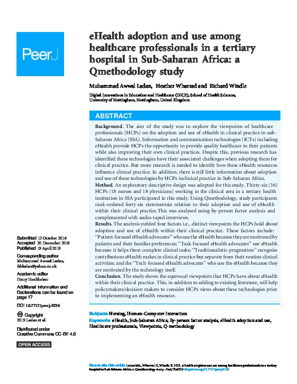 eHealth adoption and use among healthcare professionals in a tertiary hospital in Sub-Saharan Africa: a Qmethodology study Thumbnail
