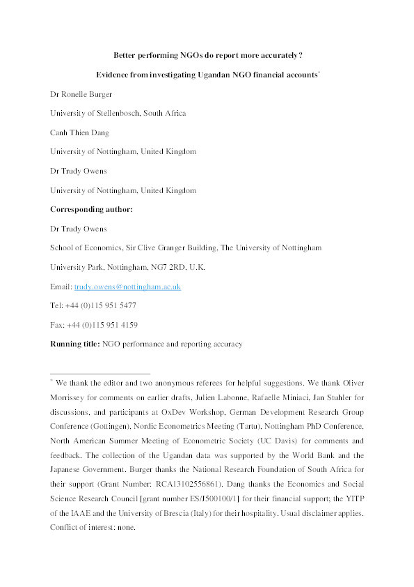 Do Better-Performing Nongovernmental Organizations Report More Accurately? Evidence from Financial Accounts in Uganda Thumbnail