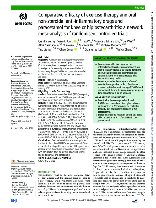 Comparative efficacy of exercise therapy and oral non-steroidal anti-inflammatory drugs and paracetamol for knee or hip osteoarthritis: a network meta-analysis of randomised controlled trials Thumbnail