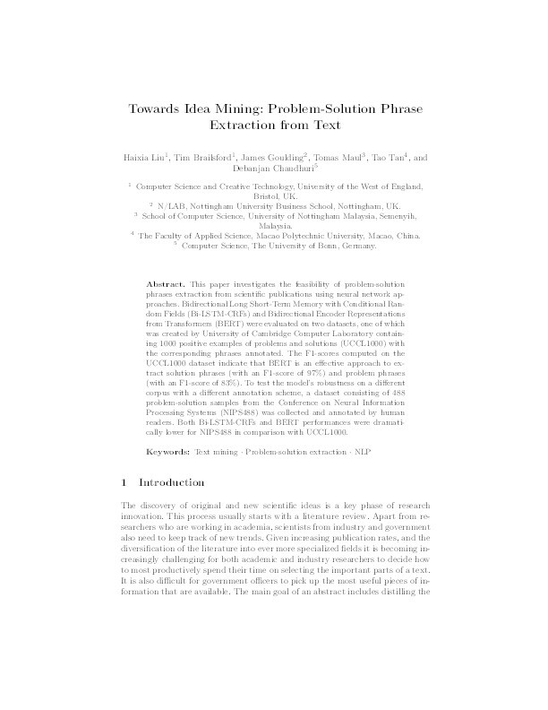 Towards Idea Mining: Problem-Solution Phrase Extraction fromText Thumbnail