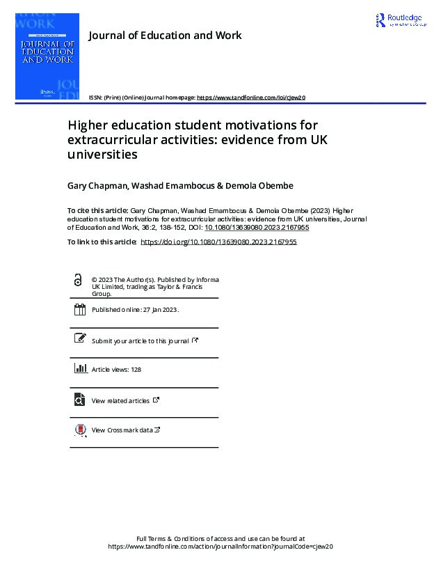 Higher education student motivations for extracurricular activities: evidence from UK universities Thumbnail
