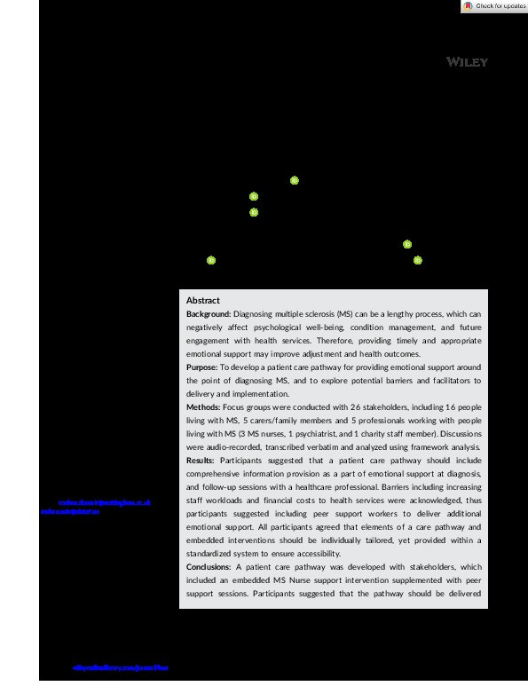 Developing a Patient Care Pathway for Emotional Support around the point of Multiple Sclerosis diagnosis: A Stakeholder Engagement Study Thumbnail